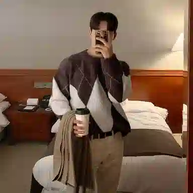 我是大卫 复古菱格基础款棋盘格撞色拼接不规则针织衫 男女同款