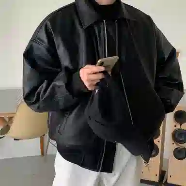 我是大卫 纯色机车服基础潮流个性插兜夹克 韩版 男女同款 黑色