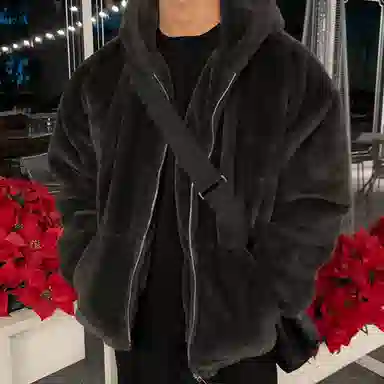 我是大卫 纯色羊羔毛连帽保暖加厚外套夹克 男女同款