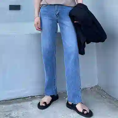 我是大卫 休闲直筒毛边宽松牛仔裤 男女同款 蓝色