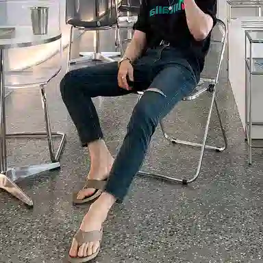 我是大卫 美式破洞修身百搭小脚九分牛仔裤 男女同款 深蓝色