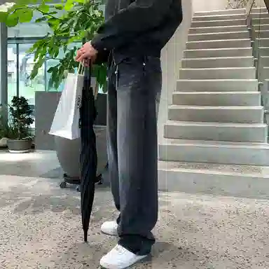 我是大卫 美式复古做旧水洗直筒高街牛仔裤 男女同款 黑色