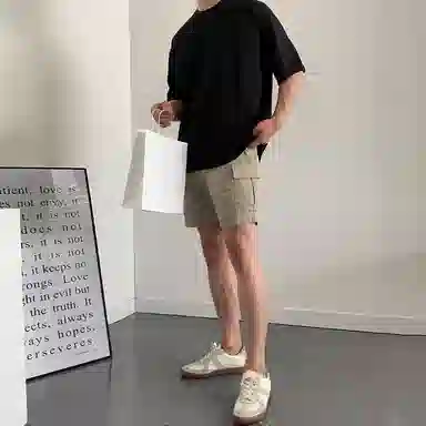 我是大卫 纯色简约宽松抽绳直筒休闲短裤 男女同款