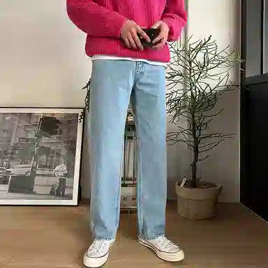 我是大卫 复古水洗宽松阔腿牛仔裤 男女同款 浅蓝色