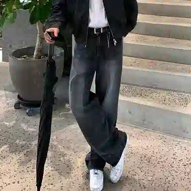 我是大卫 美式复古做旧水洗直筒高街牛仔裤 男女同款 黑色