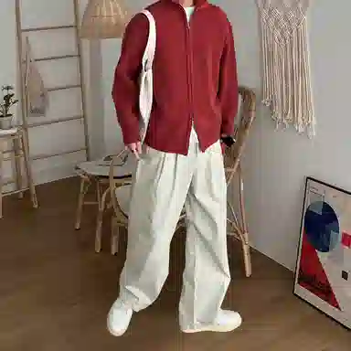 我是大卫 美式立领双拉链开衫长袖针织衫 男女同款 红色