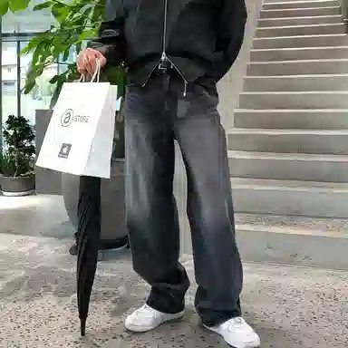 我是大卫 美式复古做旧水洗直筒高街牛仔裤 男女同款 黑色