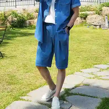 我是大卫 纯色高街潮流痞帅薄款中腰松紧时尚高级感五分牛仔短裤 男女同款 蓝色