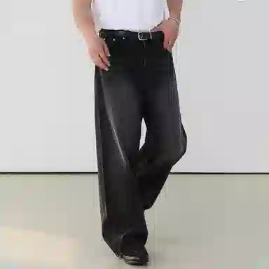 我是大卫 美式高街小众设计水洗做旧直筒宽松休闲阔腿拉链牛仔裤 男女同款 黑色