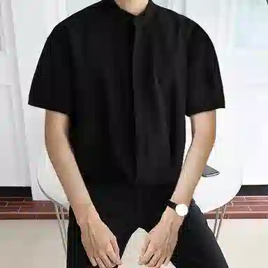 我是大卫 纯色立领复古宽松休闲短袖衬衫 男女同款