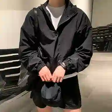 我是大卫 纯色连帽套头宽松长袖夹克外套 男款 黑色