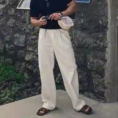 我是大卫 单褶皱纯色百搭直筒阔腿裤韩版高腰拖地长休闲裤 男女同款