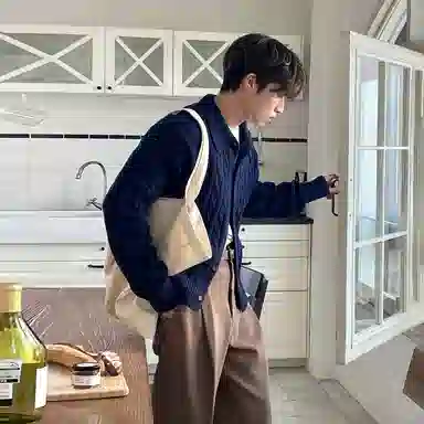 我是大卫 慵懒风麻花纹理感翻领开衫纯色宽松高级感韩系长袖针织衫 男女同款