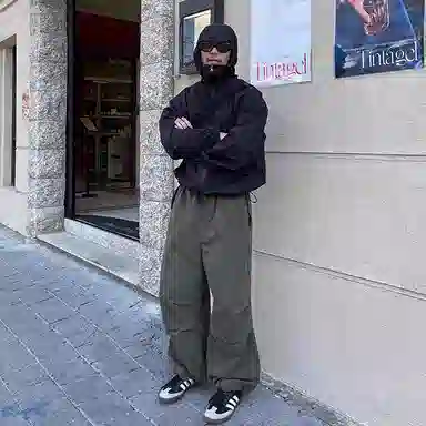 我是大卫 纯色美式机能连帽宽松夹克外套 男女同款 黑色