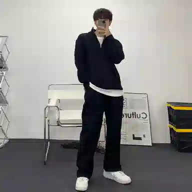 我是大卫 提花慵懒风基础款半开襟落肩高领长袖针织衫 男女同款