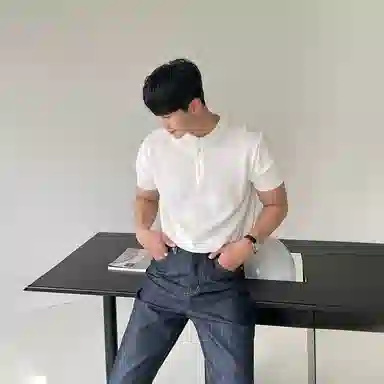 我是大卫 纯色亨利领慵懒韩系短袖针织衫 男女同款