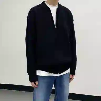 我是大卫 纯色棒球领拉链保暖加厚宽松休闲针织衫 男女同款