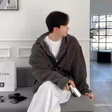 我是大卫 慵懒风宽松连帽拉链针织衫 男女同款 深灰色