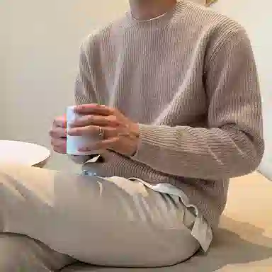 我是大卫 纯色圆领慵懒风简约韩系百搭宽松长袖针织衫 男女同款