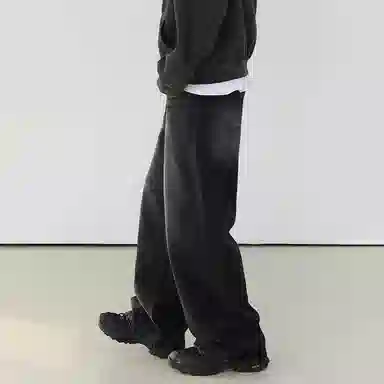 我是大卫 美式高街小众设计水洗做旧直筒宽松休闲阔腿拉链牛仔裤 男女同款 黑色