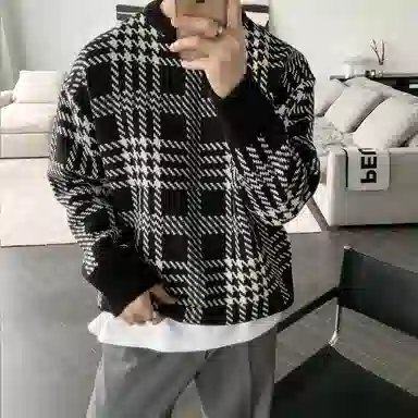 我是大卫 不规则撞色拼接复古格子条纹套头宽松针织衫 男女同款