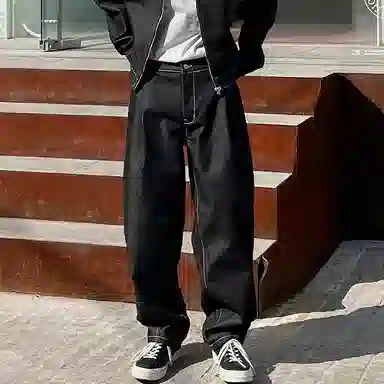 我是大卫 水洗复古做旧休闲宽松直筒阔腿牛仔裤 男女同款 黑色