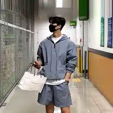 我是大卫 韩版连帽钓鱼防晒服薄款宽松百搭五分短裤休闲运动套装 男款 灰色