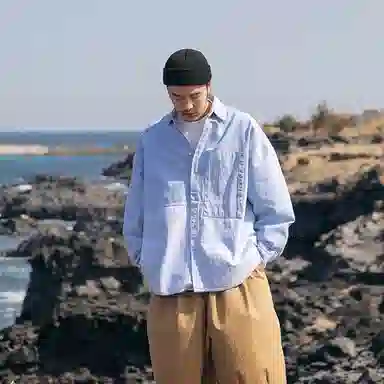 我是大卫 韩版水洗牛仔衬衣外套做旧高级感宽松长袖衬衫 男女同款 浅蓝色