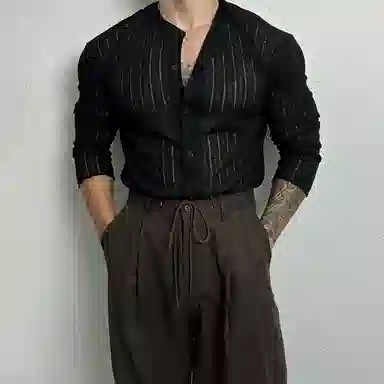 我是大卫 美式复古纯色缕空设计圆领单排扣长袖针织衫 男女同款