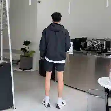 我是大卫 纯色简约半拉链设计连帽套头长袖上衣抽绳直筒短裤休闲运动套装 男女同款