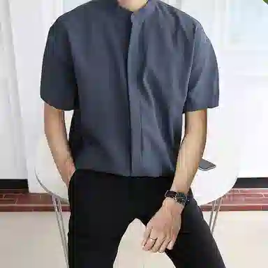 我是大卫 纯色立领复古宽松休闲短袖衬衫 男女同款