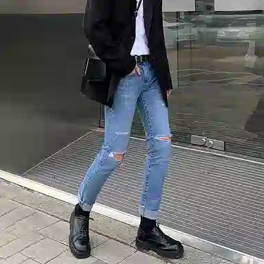 我是大卫 破洞修身中腰拉链牛仔裤 男女同款 蓝色