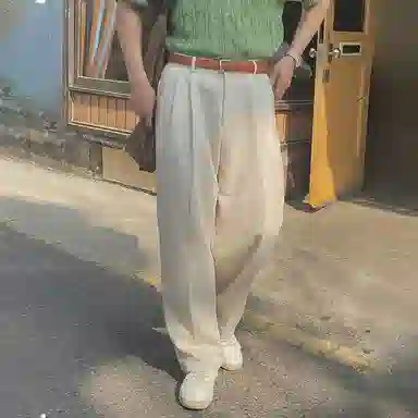 我是大卫 日系纯色简约直筒垂感阔腿宽松休闲裤 男女同款 米白色