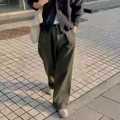 我是大卫 高级感双褶皱设计感宽松直筒长裤简约百搭阔腿休闲裤 男女同款 军绿色