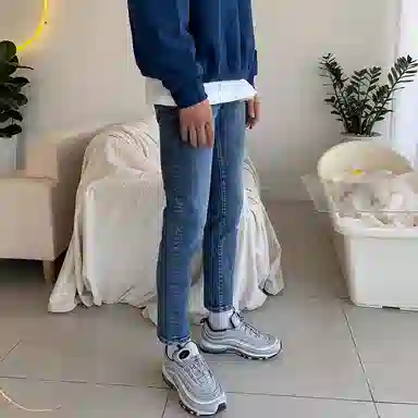 我是大卫 美式复古水洗弹力休闲百搭小脚九分牛仔裤 男女同款 蓝色