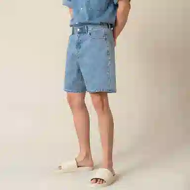 我是大卫 复古设计感水洗牛仔裤潮流毛边直筒宽松五分休闲短裤 男女同款 蓝色