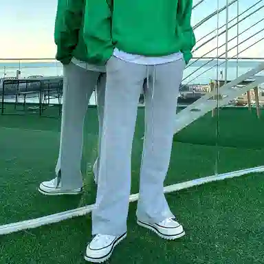 我是大卫 时尚宽松直筒开叉长裤韩版垂感松紧腰抽绳休闲裤 男款 浅灰色