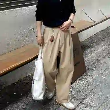 我是大卫 双褶皱阔腿宽松休闲裤 男女同款 卡其色