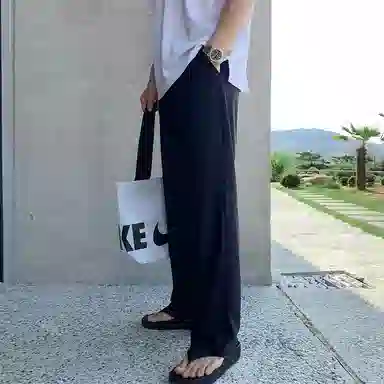 我是大卫 春夏季宽松直筒裤韩版百搭纯色阔腿松紧腰休闲裤 男款 深蓝色