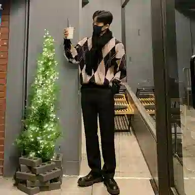 我是大卫 韩版复古菱格撞色几何图案棋盘格拼接针织衫 男女同款