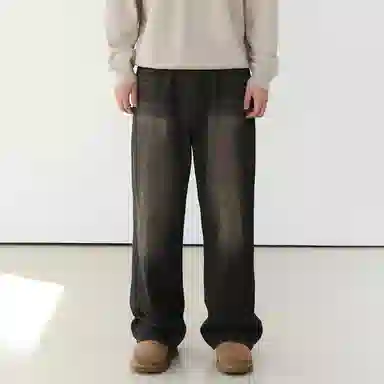 我是大卫 美式复古水洗做旧直裤宽松潮流百搭休闲牛仔裤 男女同款 黑色