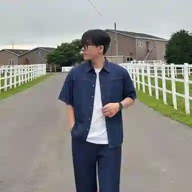 我是大卫 重工车线拼接水洗牛仔短袖衬衣美式复古工装翻领衬衫 通用