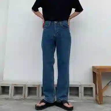 我是大卫 韩版休闲直筒宽松垂感水洗牛仔裤 男女同款 深蓝色