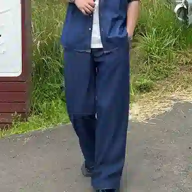 我是大卫 美式复古宽松百搭纯色重工车线拼接水洗工装牛仔裤 通用 蓝色