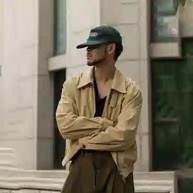 我是大卫 纯色美式重工立领短款双拉链长袖夹克外套 男女同款 黄杏色