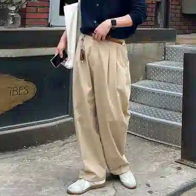 我是大卫 双褶皱阔腿宽松休闲裤 男女同款 卡其色