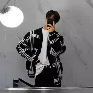 我是大卫 复古格子单排扣开衫慵懒风棋盘格条纹针织衫 男女同款