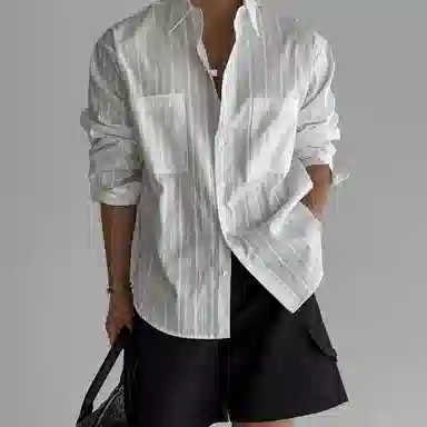 我是大卫 纯色条纹高级感宽松百搭大口袋设计氛围感长袖衬衫 男女同款