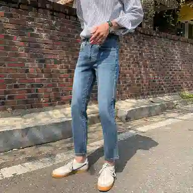 我是大卫 纯色拉链时尚九分水洗复古高级感牛仔裤 男女同款 蓝色