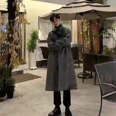 我是大卫 毛呢中长款千鸟格韩版复古休闲大衣 男女同款